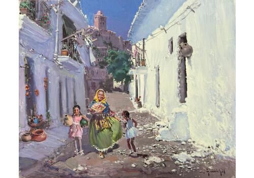 Ignacio Gil Sala Street In Ibiza With Figures Oil On Canvas Painting Spanish Mediterranean C.1990