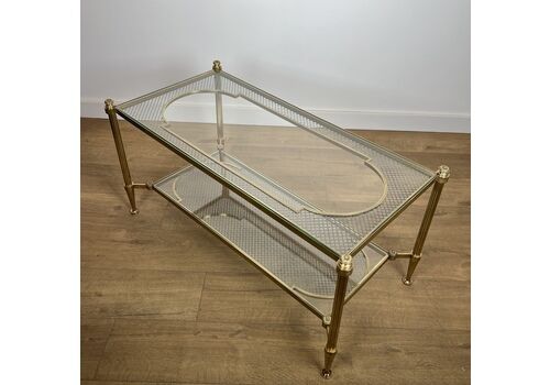 Rare Bronze  Brass And Steel Lattice Coffee Table With Double Glass Top Resting On A Brass Lattice  French Work From Maison Jansen