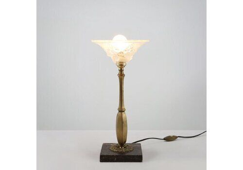 Art Nouveau Table Lamp With Brass And Marble Base And Glass Shade, 1920s