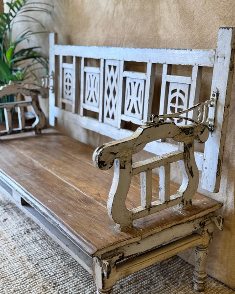 Vintage Reclaimed Teak Swing Bench – Hand Carved With Whitewashed Rotating Backrest photo furniture