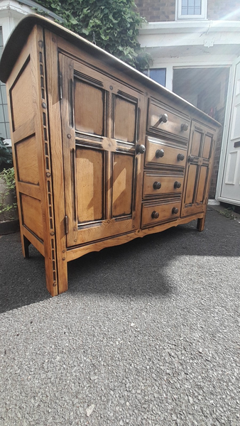 Vintage Ercol Solid Light Elm Sideboard With 4 Drawer And 2 Flanking Cupboards photo furniture