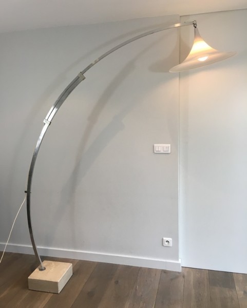 Rare Arco Style Floor Lamp In Brushed Aluminium Conical White Plastic Reflector And Square Marble Base French Circa 1970