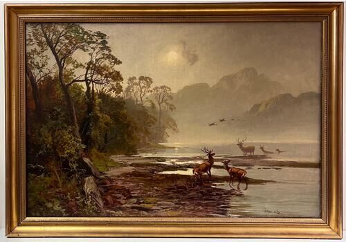 Clarence Roe Antique Scottish Oil Painting Highland Stags In Loch Waters Under Moonlight