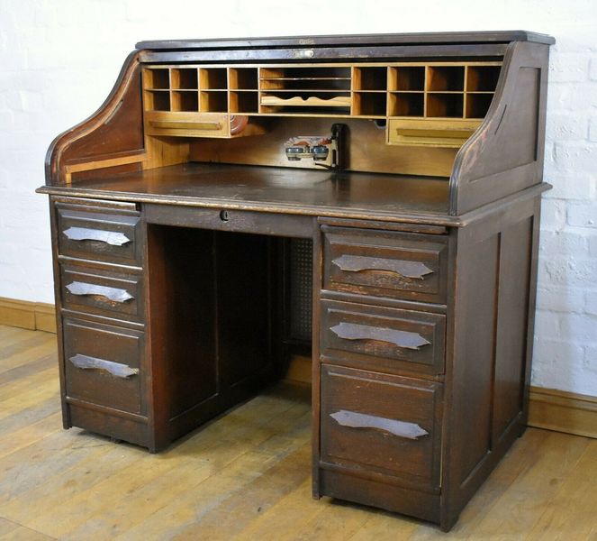Antique Vintage Early 20th Century Tambour Roll Top Bureau Writing Desk