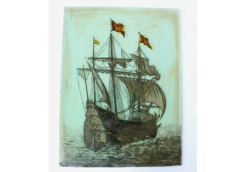 Stained Glass Window. Galleon Sailing Ship Nautical Panel. 17th Century.