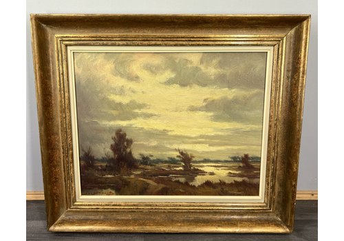 Vintage Signed Oil Painting Landscape Sunset Gilt Frame 55x65cm Lot 3870