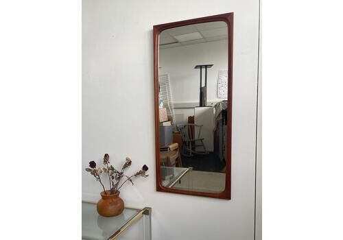 Large Mid Century Rectangle Danish 60s Teak Wall Mirror With Curved Borders