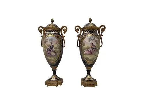 A Very Fine Pair Of 19th Century Hand Painted Sevres Style Lidded Urns