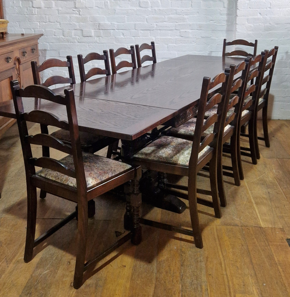 Antique Style Bulbous Carved Oak Extending Drawleaf Dining Table 10 Seater photo furniture