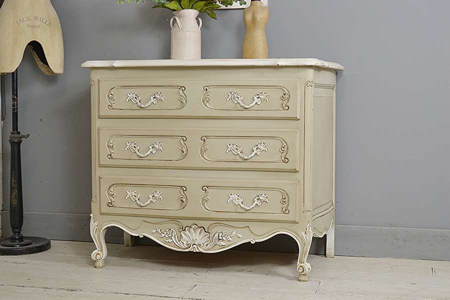 Large Ornate Vintage French Shabby Chic Taupe Chest Of Drawers