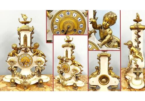 French Mantel Clock Marble Ormolu Putti Louis XV