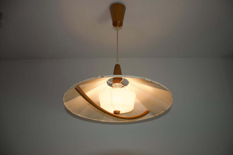 Midcentury Teak And Fabric Shade Hanging Lamp By Temde, Circa 1960 photo furniture