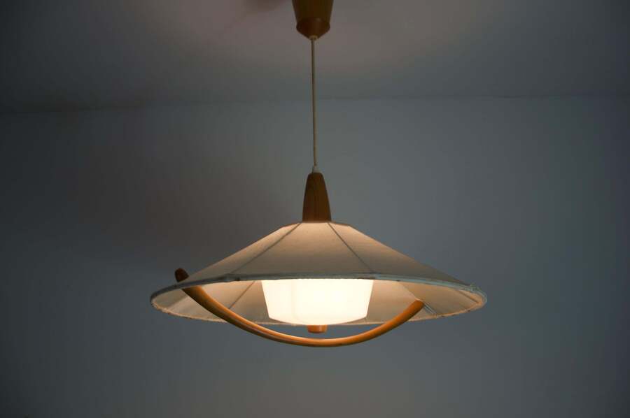 Midcentury Teak And Fabric Shade Hanging Lamp By Temde, Circa 1960 photo for sale