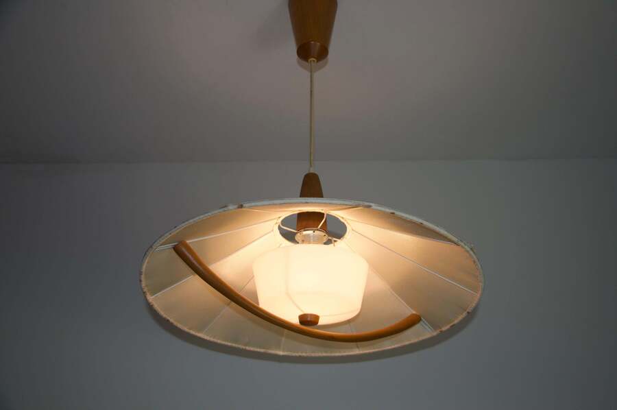 Midcentury Teak And Fabric Shade Hanging Lamp By Temde, Circa 1960 photo 882.0
