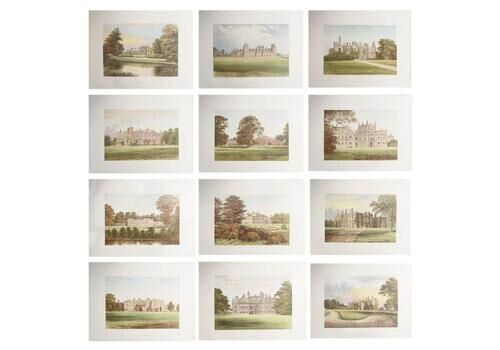 Set Of 12 Antique Prints Of English Country Houses And Gardens, C.1880