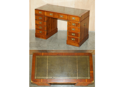 Vintage Harrods Green Leather Burr Yew Wood Military Campaign Pedestal Desk