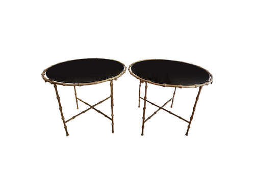 Pair Of French 1960s Round Faux Bamboo Brass And Black Glass Side Tables