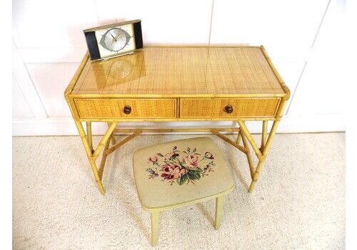 Vintage Rattan Bamboo Writing Desk Dressing Table 1970s Boho