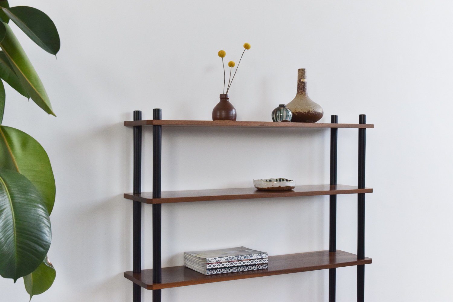 Vintage Small Wooden Teak And Black Free Standing Shelving Unit / Room