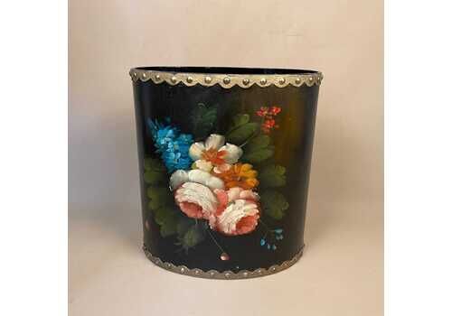 Vintage Rubbish Paper Bin Regency Oval Rounded Black Green Hand Painted Pink Floral Studded Office