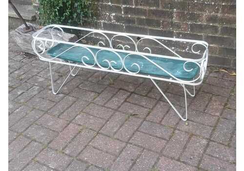 Vintage Retro 50s 60s White Wrought Iron Plant Stand With Green Tray – Shabby Chic Garden Display Rack – French Scroll Patio Planter Holder