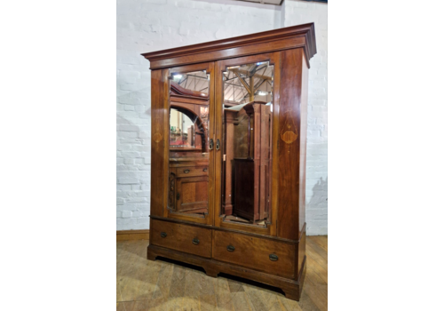 Antique Victorian Inlaid Mahogany Double Mirror Door Wardrobe