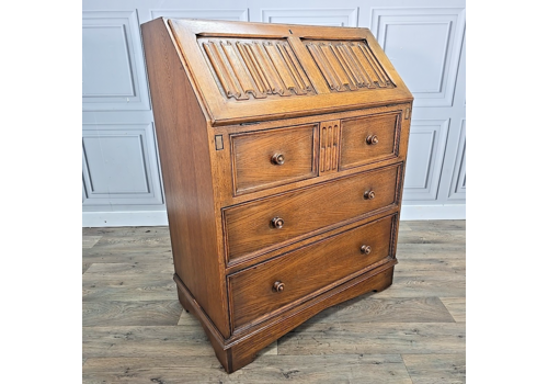 Antique Vintage Solid Oak Bureau Writing Desk Carved Linenfold Front Drawers