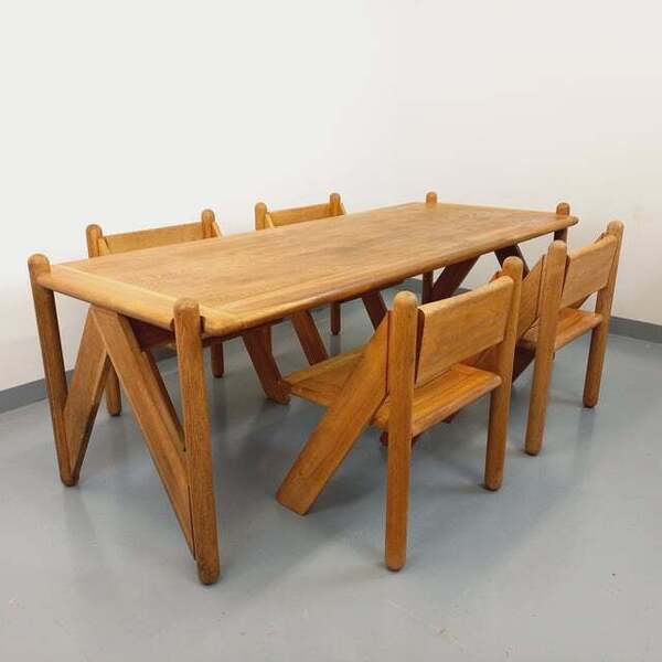 Large Rectangular Table And 4 Brutalist Chairs In Solid Oak photo for sale