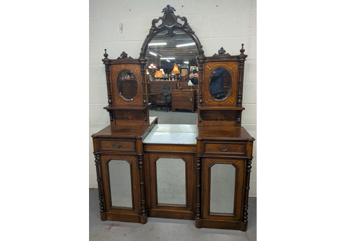Victorian Inlaid Walnut Marble Top & Mirrored Door Chiffonier