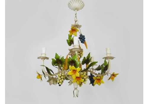 Painted Metal Chandelier With Wheat Ears, Foliage, Flowers, And Bunches Of Grapes, With 5 Lights. 1970s