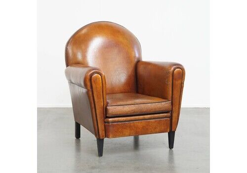 Sturdy Vintage Sheepskin Art Deco Style Design Armchair With A Beautiful Patina
