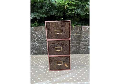 Vintage Faux Crocodile Desk Drawer Storage Set – Modular Three Drawer Card Index Or Office Organiser With Brass Handles And Retro Pink Trim