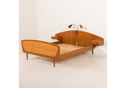 Scandinavian Mid Century Queen Size Bed With Nightstands And A Lamp, Norway 1950s