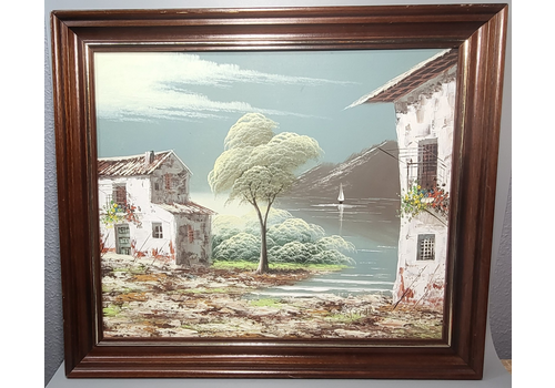 Vintage Mediterranean Fishing Village Landscape Signed Oil Painting 54x46cm