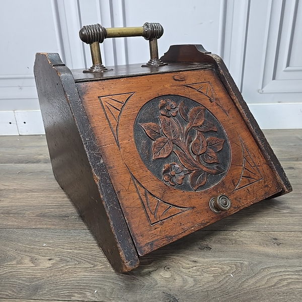 Antique Edwardian Wooden Fireside Coal Scuttle Box Carved Storage Brass Retro photo furniture