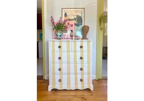 Beautiful Green And White Hand Painted Striped Antique Chest Of Drawers