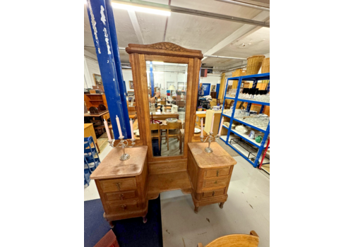 Antique Solid Oak Dressing Table With Mirror – Marble Tops – Unrestored C.1900