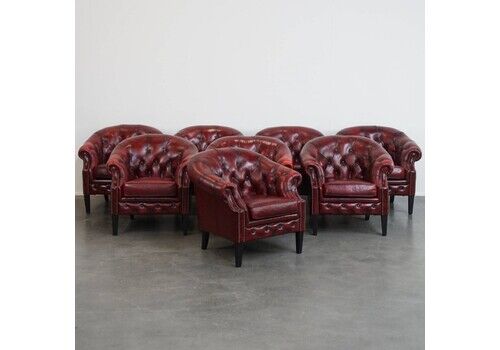 Unique Set Of 8 Beautiful English Cowhide Chesterfield Club Chairs In A Flamed Red Color