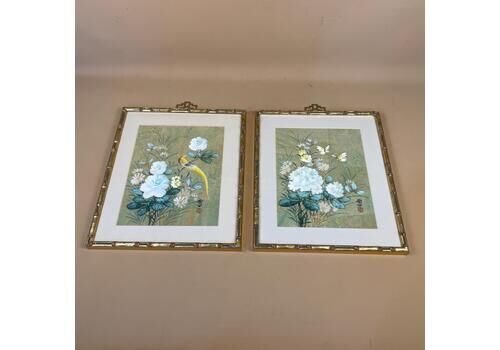 Two Vintage Oriental Watercolour Paintings Birds Flowers Butterflies Floral Gold Bamboo Shaped Frame Set Of 2 Pair Wall Hangings