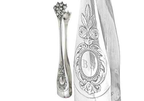 Antique Silverplate Ice Tongs | Ornate Roses & Claw Tips | Monogrammed Bs