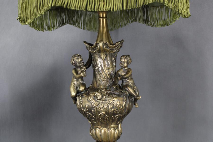 1940s Restored Brass And Marble Table Lamp With Fabric Shade photo for sale