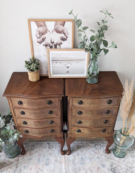 2 X Tall Serpentine, Bow Front Vintage Bedside Tables/Drawers ~ Georgian Style (Pair) photo furniture