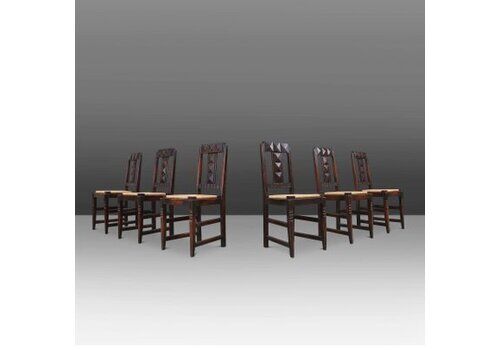Art Deco Dining Chairs In Oak And Wicker Attributed To Victor Coutray, France, 1940s, Set Of 6