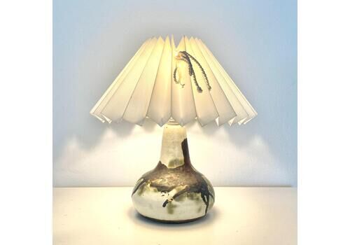Vintage Ceramic Danish Mid Century Design Chunky Table Lamp In Organic Shape With Gorgeous Earth Toned Glaze And Purple Drum Shade