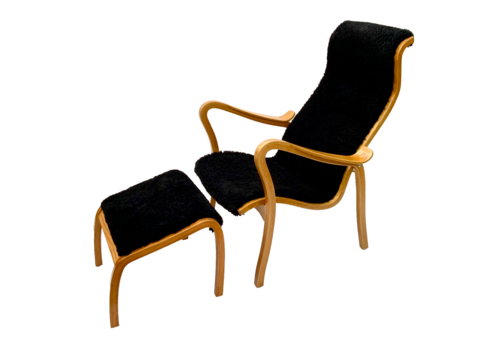 Vintage G.A. Berg “Torparen” Armchair, Oak, Black Sheepskin, With Ottoman 1960s