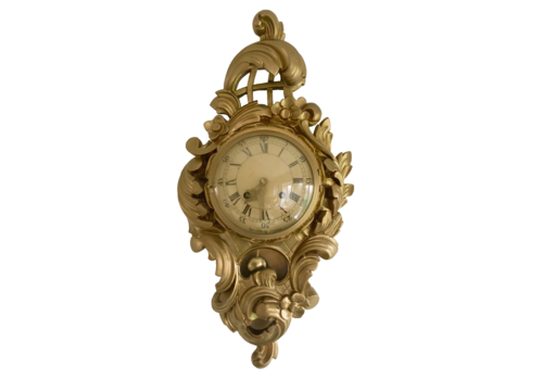 Vintage Gold Wall Clock, Westerstrand Toreboda, Gild Carved Rococo Syle 1960s
