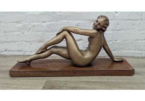 Early 20th Century French Art Deco Reclining Nude Figure On Wooden Plinth