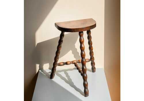 Oak Bobbin Side Table, Wooden Milking Stool With Turned Legs, Hand Carved Plant Stand, Half Round Tripod Table
