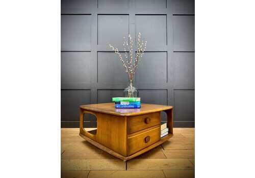 Vintage Ercol Pandora Coffee Table On Castors – 2 Drawers, Mid Century Design