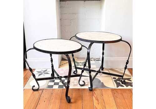 A Pair Of Vintage Wrought Iron Side Tables With Marble Tops
